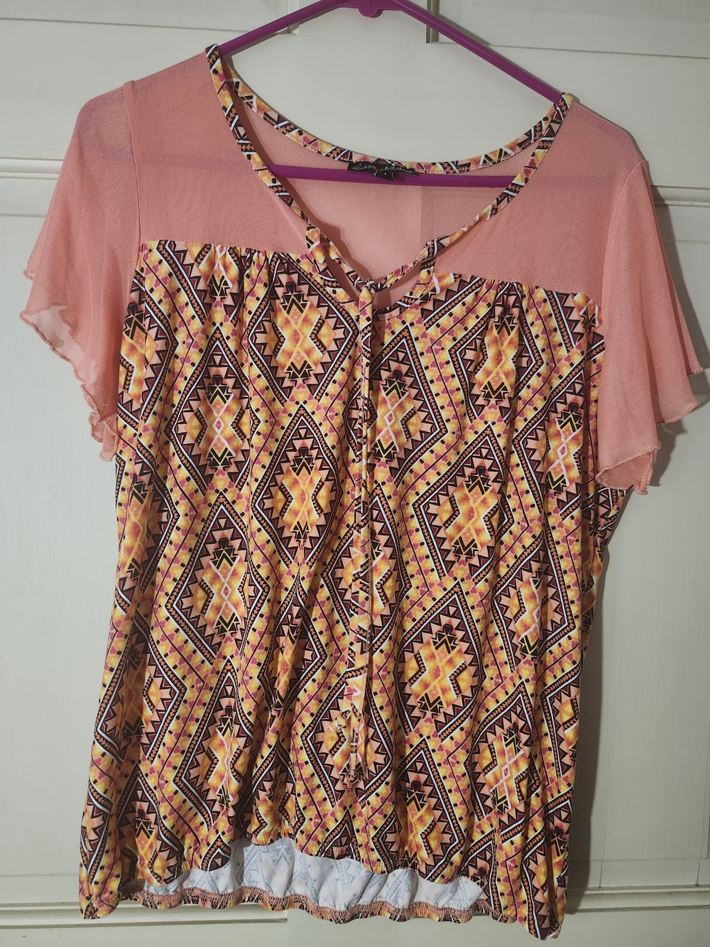 Bright Coral & Yellow Geometric Flutter Sleeve Blouse